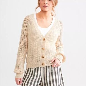 Blu Pepper Cream Open-Knit Button Front Cardigan